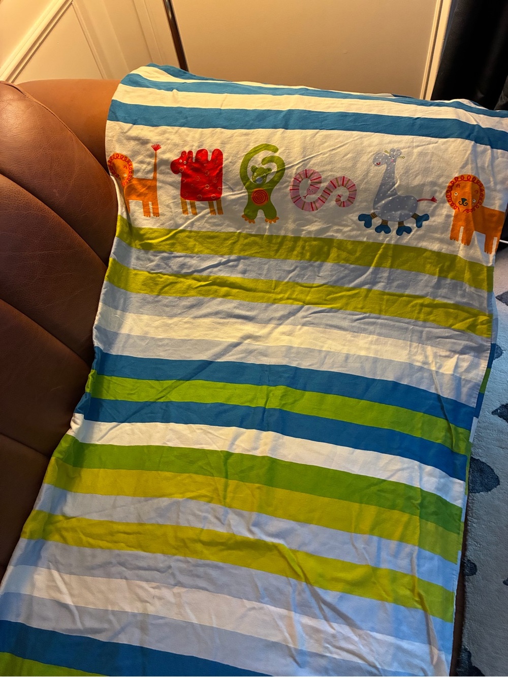 Striped Kids Bedding Duvet Cover with Colorful Animal Accents - Blue & Green